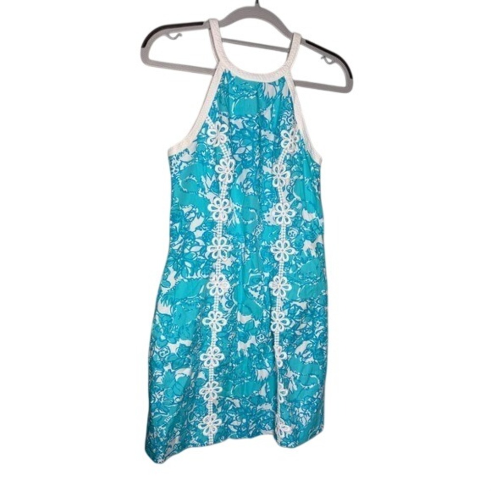 Lilly Pulitzer Shorely Blue She's a Fox Floral Lace Trim Shift Dress beach retro